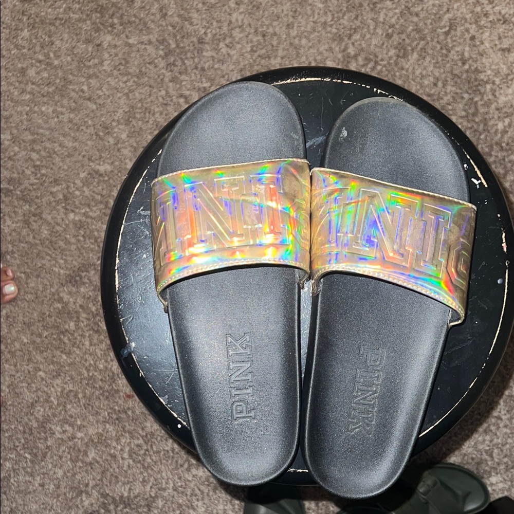 Pink Holographic Slide Sandals with Embossed Logo